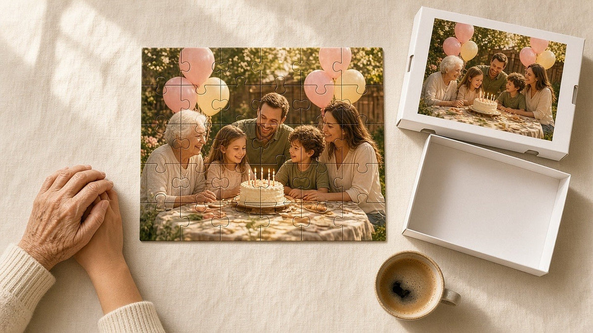 Finished 30-piece photo puzzle of a family birthday party with a grandmother, parents, two children and a cake, next to its printed gift box and a cup of coffee (example image)