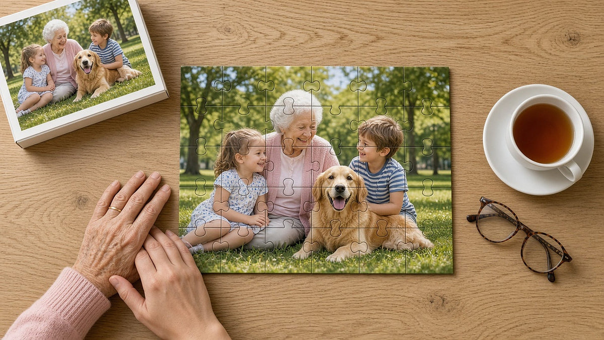 Finished family-photo jigsaw puzzle of a grandmother with two grandchildren and a dog, on a wooden table beside its gift box, a cup of tea and reading glasses (example image)