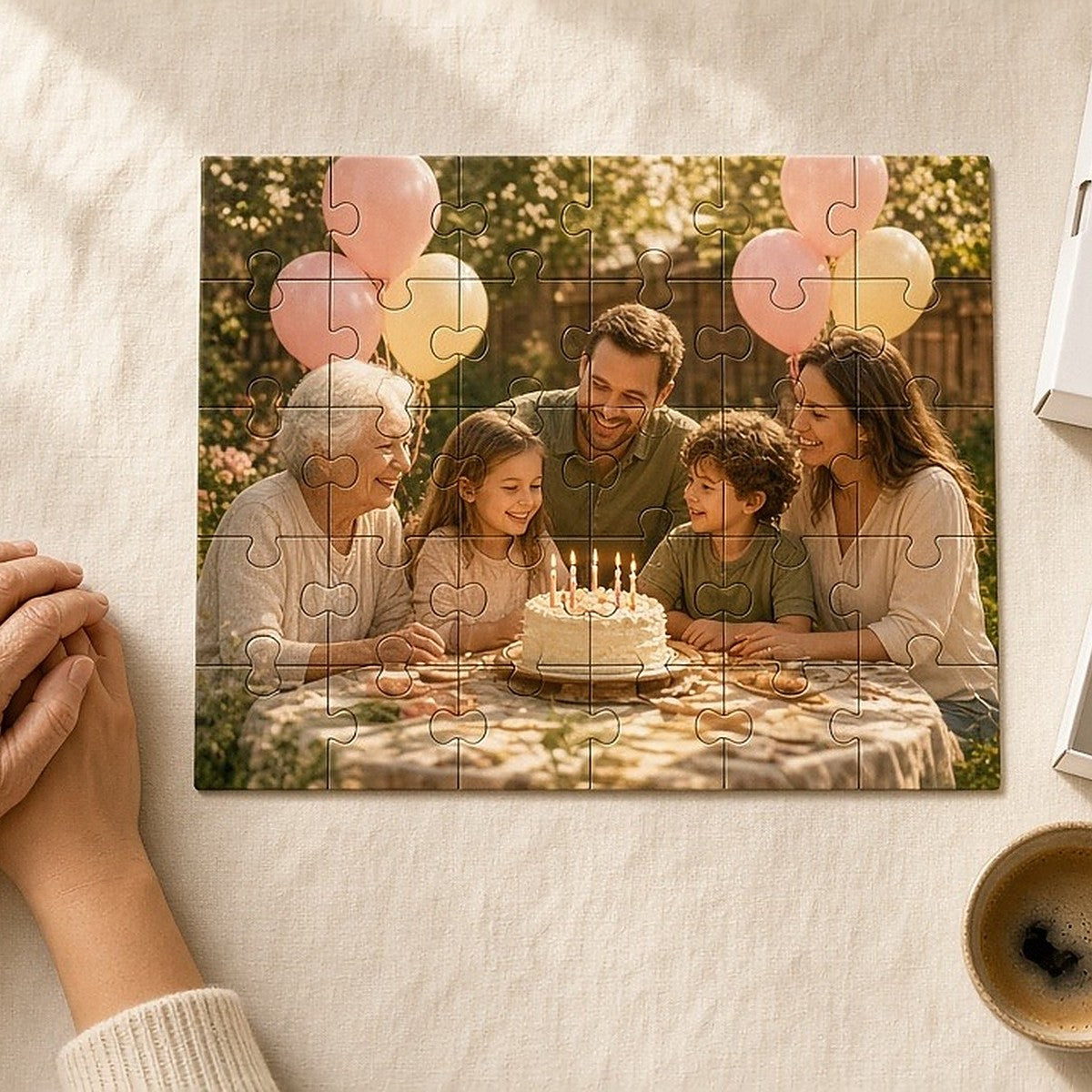 A finished 30-piece personalised birthday photo puzzle on a table (illustration)