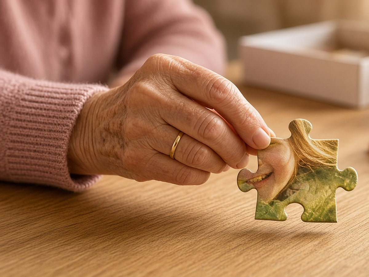 Older hand holding one extra-large personalised puzzle piece over a wooden table (illustration)