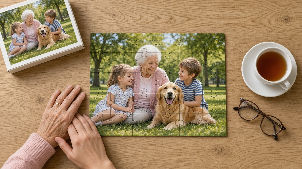 Personalized 30-piece photo puzzle, 14x11 in., finished on a wooden table: a grandmother, two grandchildren and a dog, beside the printed gift box showing the same photo (example image)