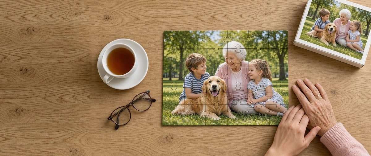 A finished 30-piece StayConnected photo puzzle (14″ × 11″) with a grandmother's and her daughter's hands resting on it, beside the photo gift box (illustration)