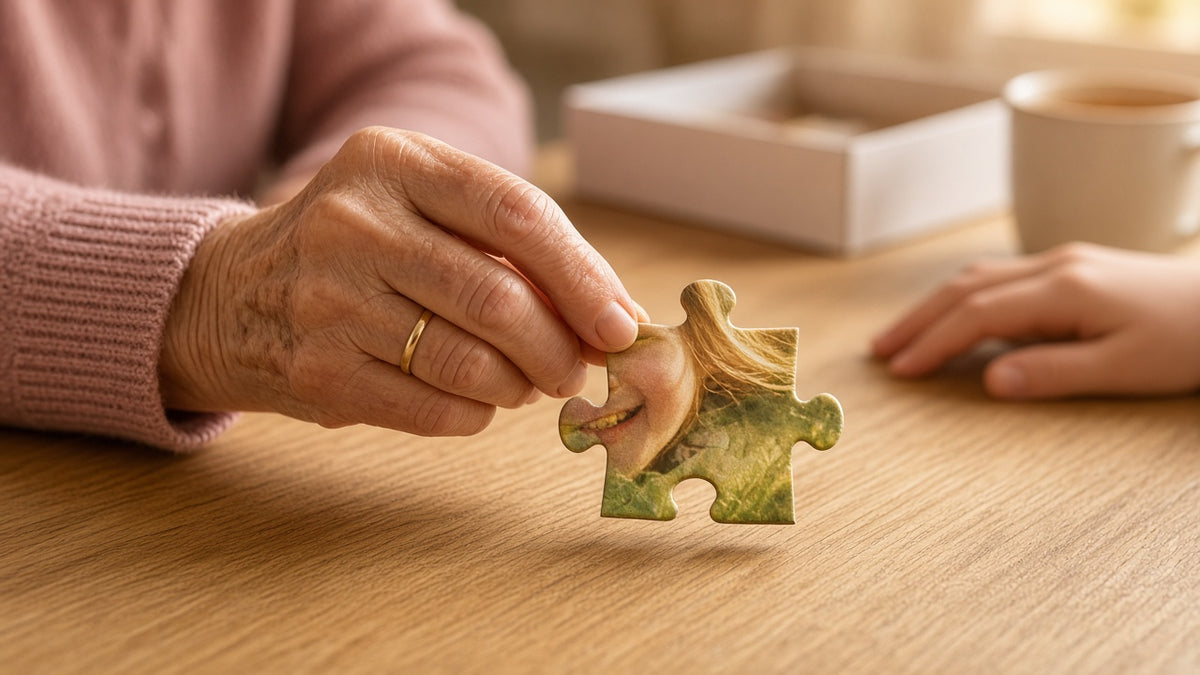Older hand holding one extra-large photo puzzle piece, about 2.25 in. across, from a 30-piece personalized puzzle (example image)